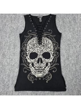 Bus Stop Tank Top Womens S Black V Neck Skull Rhinestone Lace Up Gothic Biker